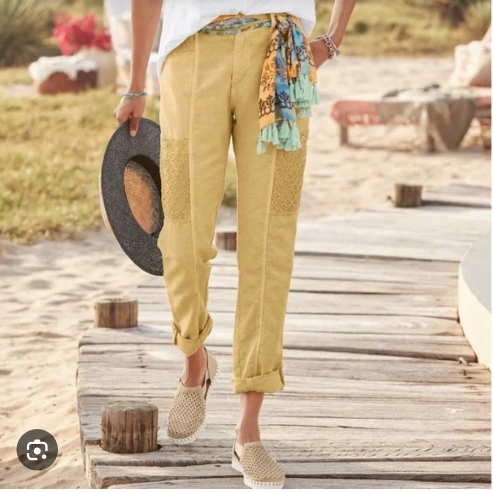 Sundance Femme Voyager Yellow Linen Cropped Convertible Embroidered Pants 6
